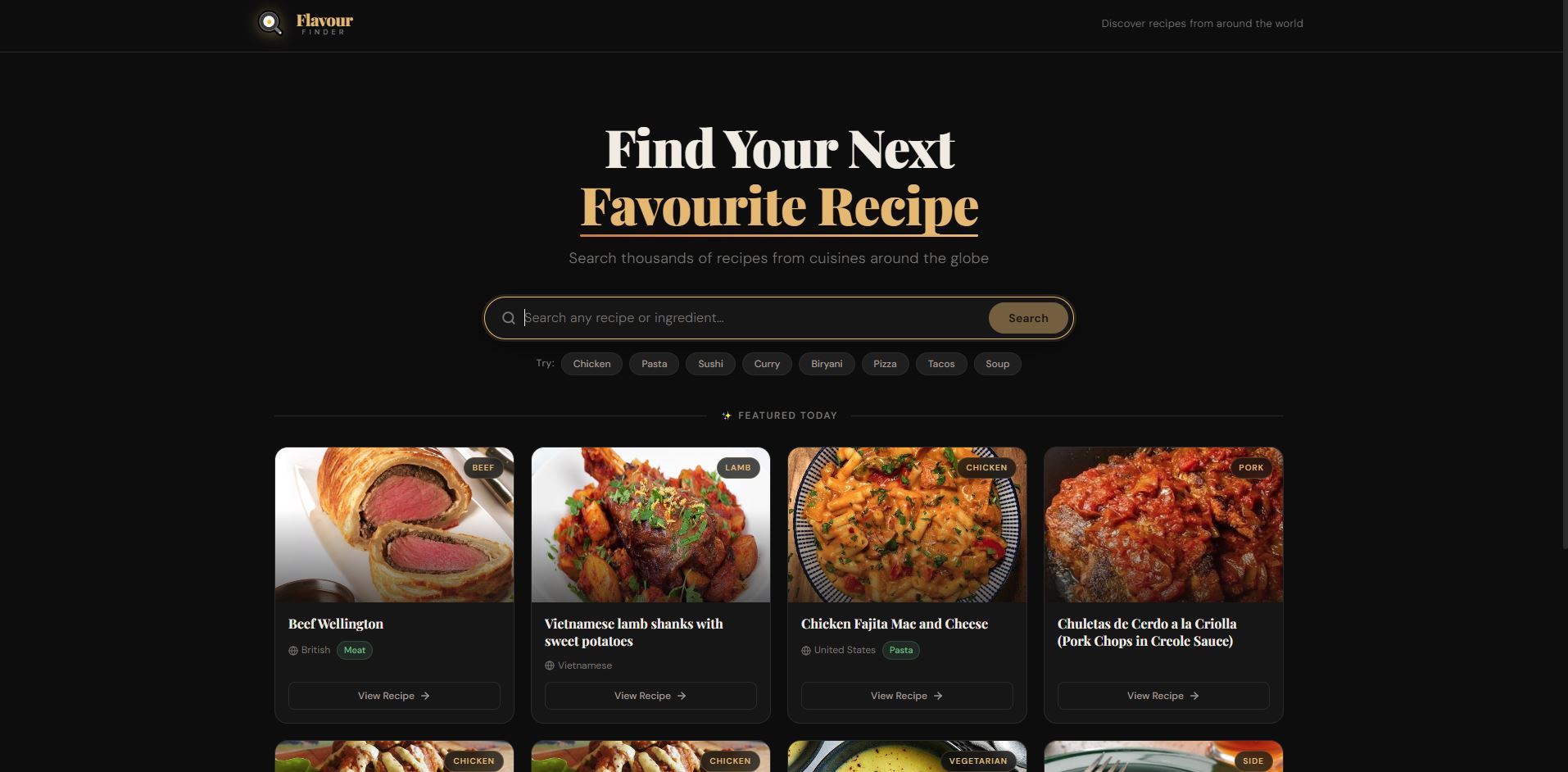 Recipes Finder Landing page
